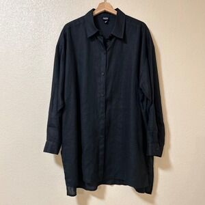 Eileen Fisher Size Large Irish Linen Oversized Handkerchief Button Tunic Black